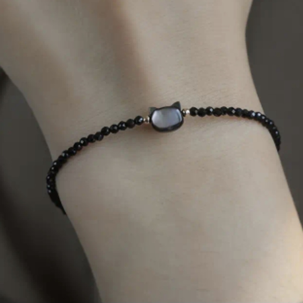 🖤🐈‍⬛NEW🖤🐈‍⬛ PRETTY!! Faceted Black Obsidian Cat Bracelet